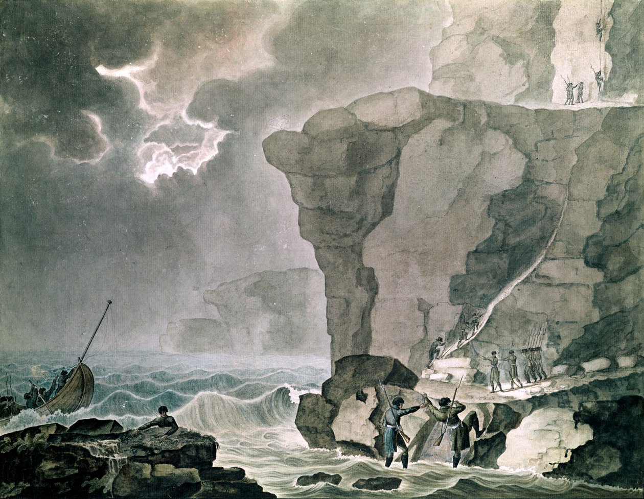 Landing af de sammensvorne i Cadoudal-affæren ved Cliff of Biville nær Dieppe, 16. januar 1804 (wc på papir) af Armand de Polignac