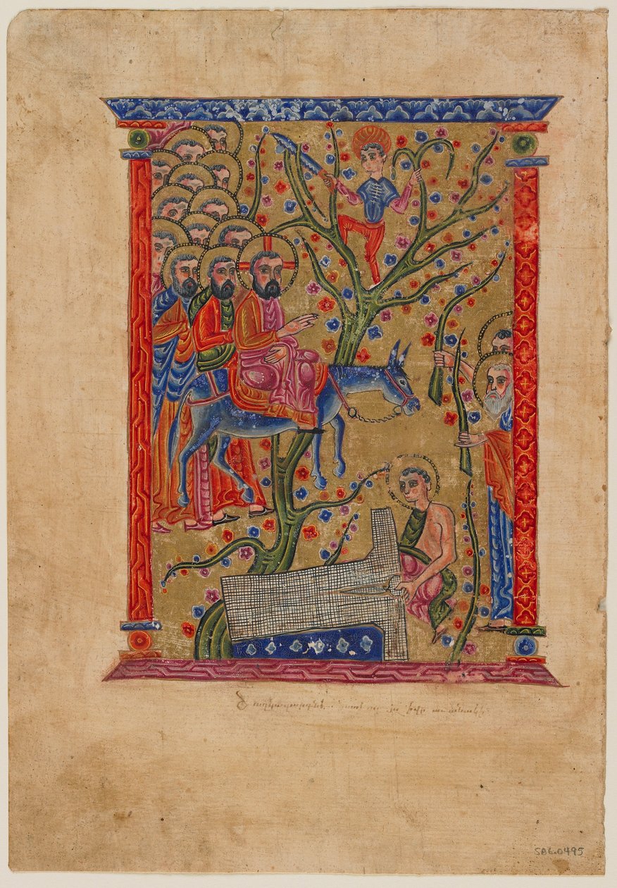 Folio fra et armensk manuskript: Indtoget i Jerusalem, ca. 1500 (blæk, uigennemsigtigt wc og guld på papir) af Armenian School