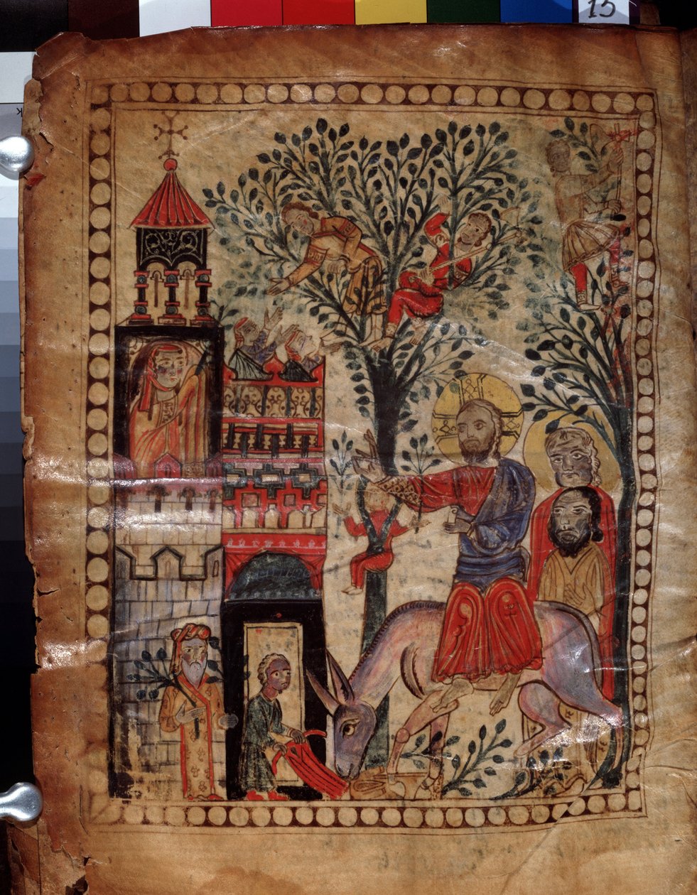 Kristi indtog i Jerusalem (Israel). Belysning af mesteren af ​​Codex Matenadaran (1200-tallet), miniature, akvarel på pergament af Armenian School