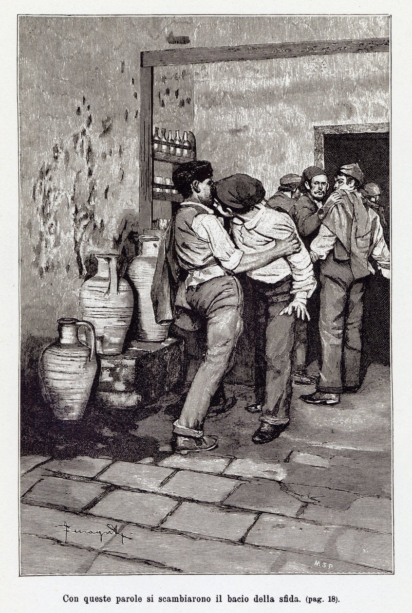 Invitation til den sicilianske duel af det dødelige "kys", faktisk en bid i øret. Illustration af Arnaldo Ferraguti til den nye "" Cavalleria Rusticana "" af Giovanni Verga. 1897 af Arnaldo Ferraguti