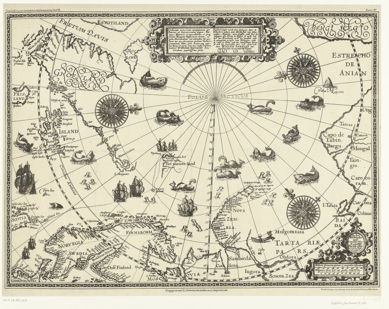 Kort over landene omkring polarcirklen, der viser hollændernes tre rejser, 1598 Beskrivelse af de tre seylagien udført af hollænderne og Noordt syde van Noorweghen, Moscovia, nova Sembla, og gennem delen af ​​Groenlandt på 80. grader af Arnaud A.J. Pistoor