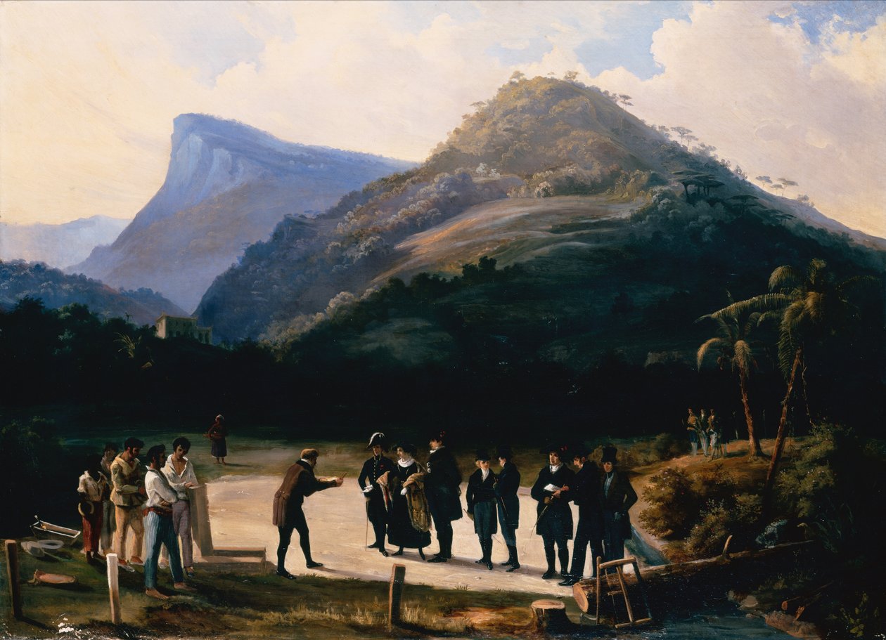 En arkitekt med sine lånere forbereder sig på at lægge grundstenen til en villa under Corcovado-bjerget (olie på lærred) af Arnaud Julien Pallière