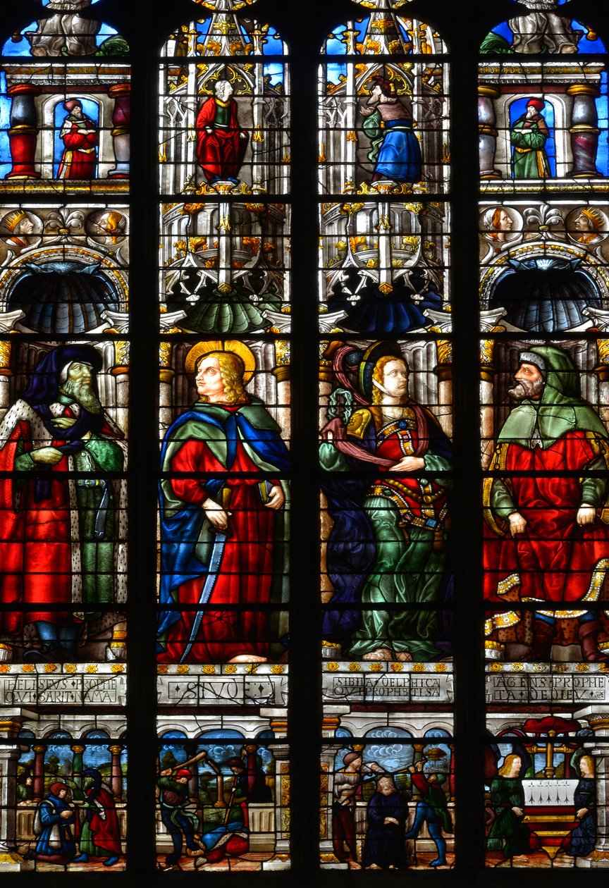 Sankt Matthias (Mathias), Ezra (eller Ezra), profeten Habakkuk (eller Habakkuk) og Sibylle Tiburtine (eller Albunea af Tibur) - Glasmosaik af Passionskapellet af Arnaud de Moles (1470-1520) færdiggjort i 1513 - Cathedral of St. Mary of Auch (Ger af Arnaud de Moles