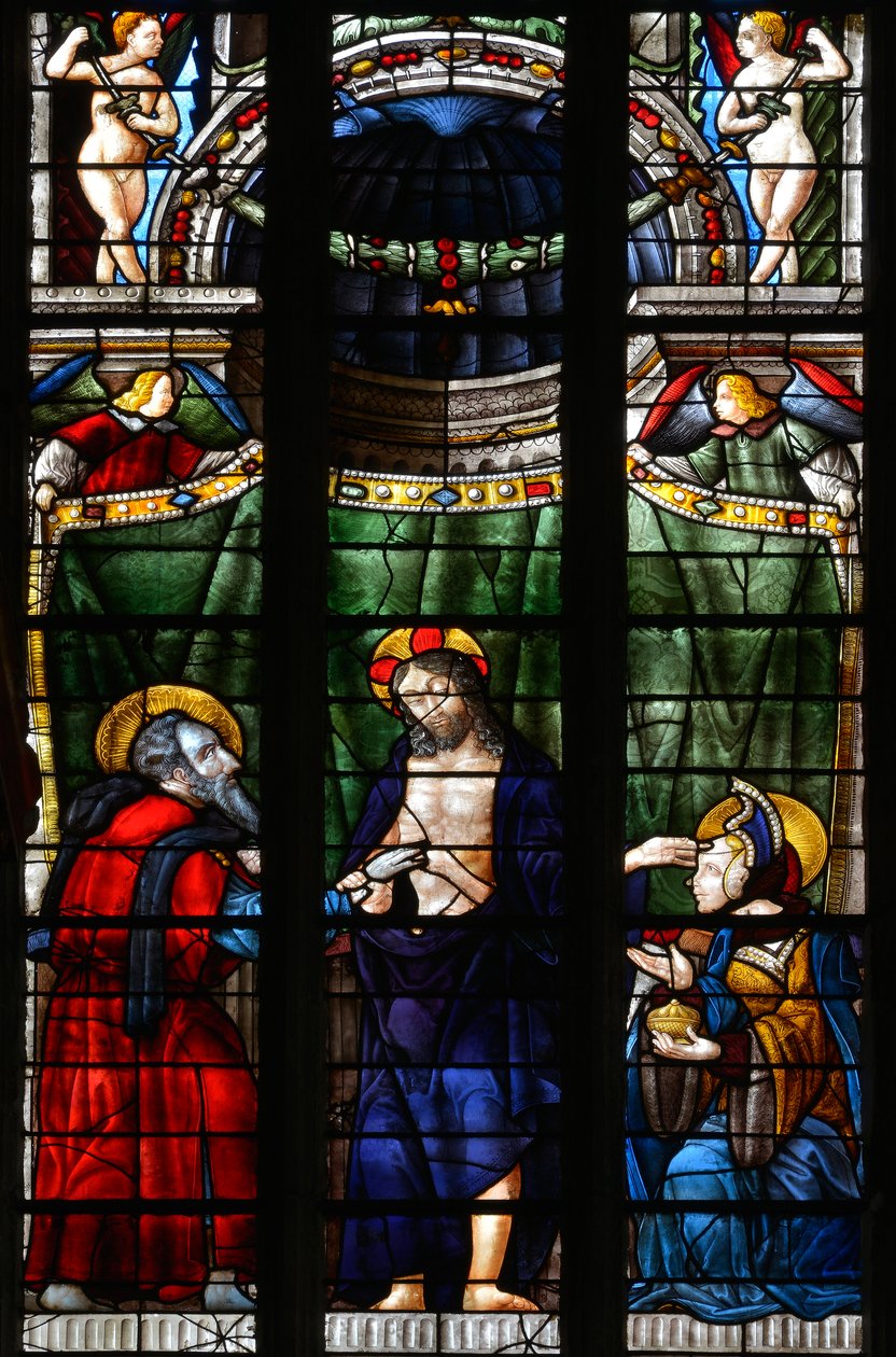 Den opstandne Kristus tager hånden af Sankt Thomas for at få ham til at se sine sår og rører med den anden hånd Sankt Maria Magdalenas pande - Glasmaleri fra kapellet Notre Dame d