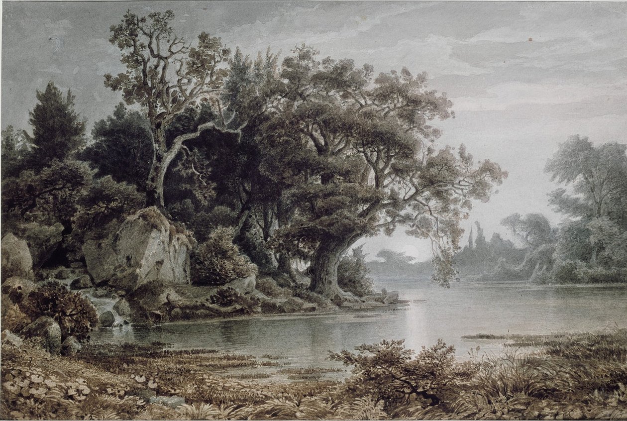 Skovlandskab ved vandet med en stigende måne af Arnold Böcklin