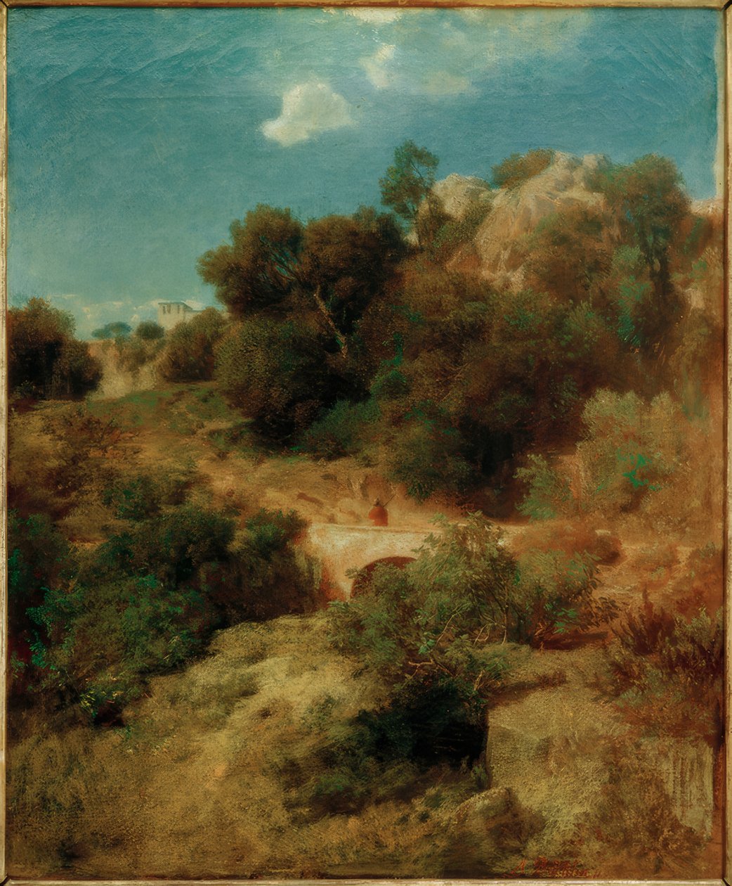 Klippefyldt bjergland med en bro af Arnold Böcklin