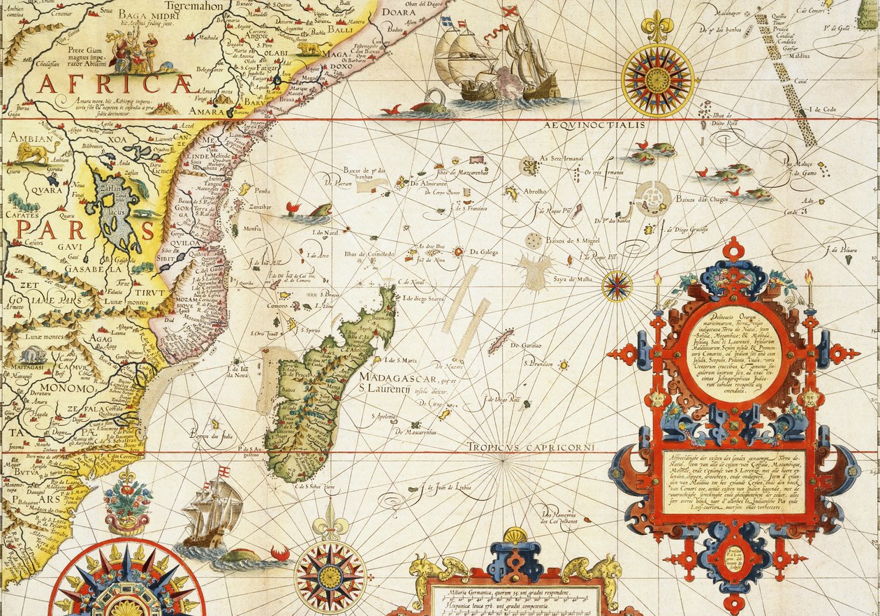 Kort over Østafrika og Madagaskar, 1596 (håndfarvet gravering) af Arnold Florent van Langren