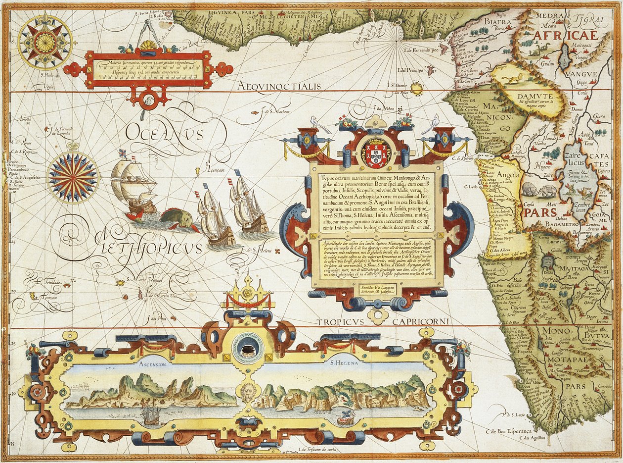 Kort over den vestafrikanske kystlinje, 1596 (håndfarvet gravering) af Arnold Florent van Langren