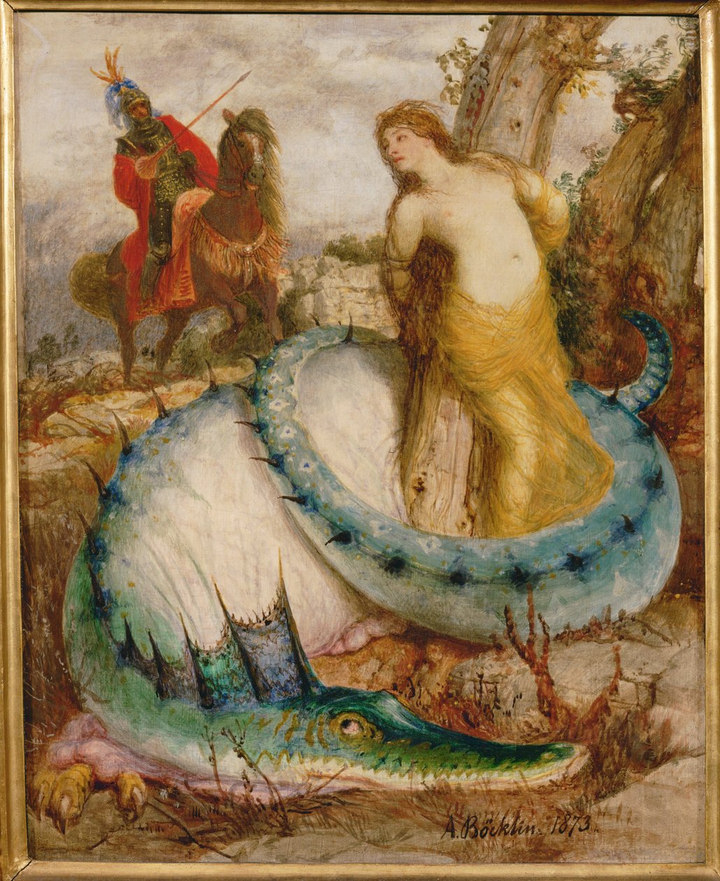 Angelica und der Drache - Angelica og dragen ... (tempera på træ) af Arnold Böcklin