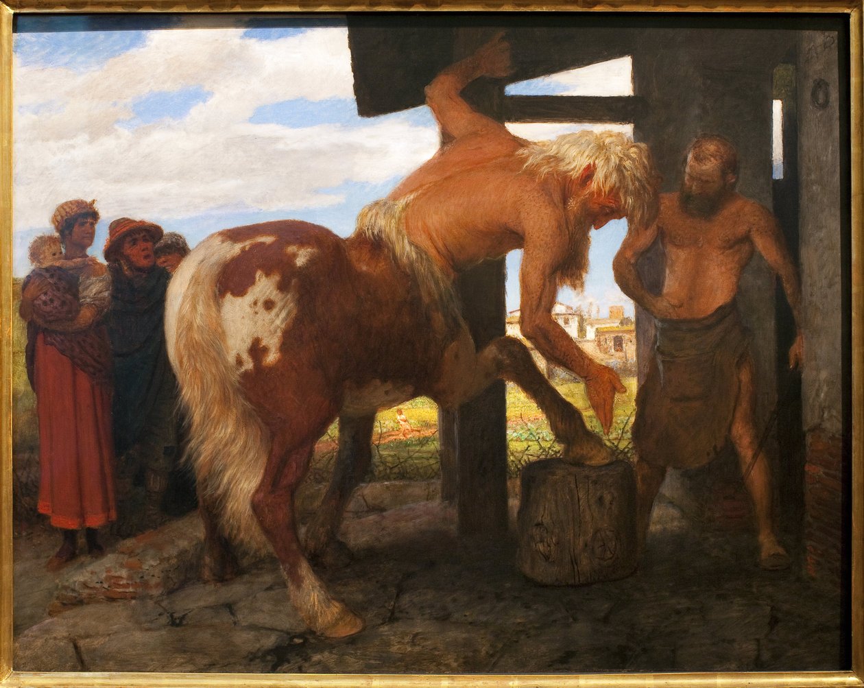 Kentaur ved landsbyens smed. Maleri af Arnold Bocklin (1829-1901), Olie på lærred af Arnold Böcklin