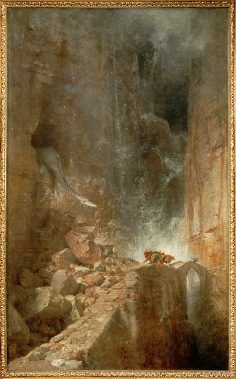 Ein Drache in einer Felsenschlucht - En drage i en klippeslugt ... (maleri på lærred) af Arnold Böcklin