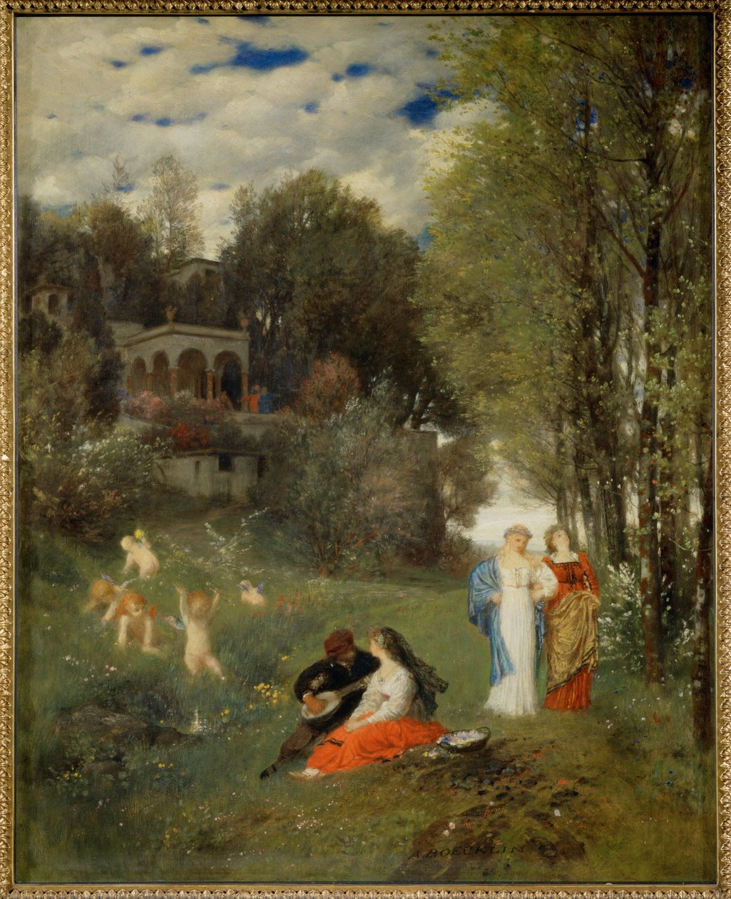 Ideale Fruehlingslandschaft - Ideelt forårslandskab ... (maleri på lærred) af Arnold Böcklin