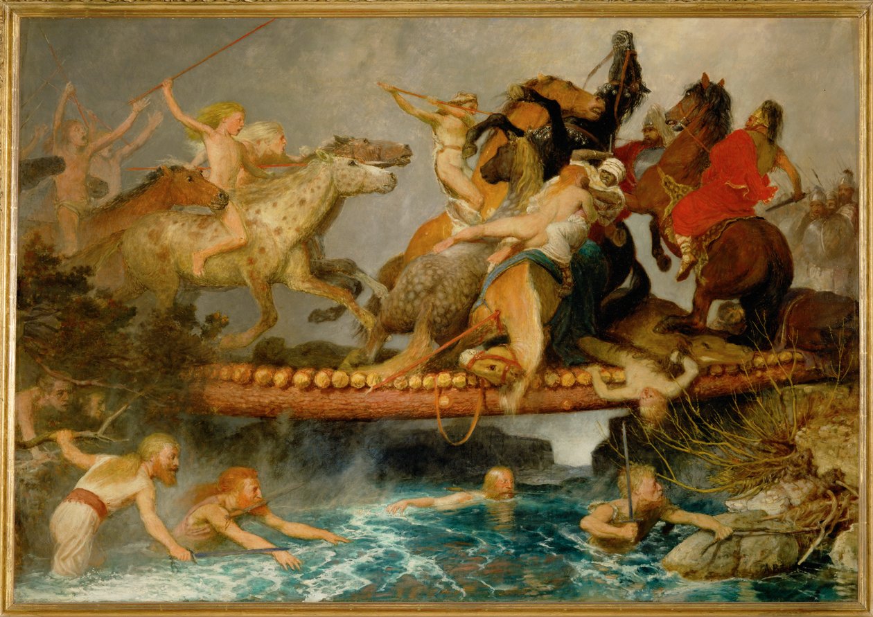 Kampf auf einer Bruecke - Kampen på broen ... (maleri på lærred) af Arnold Böcklin