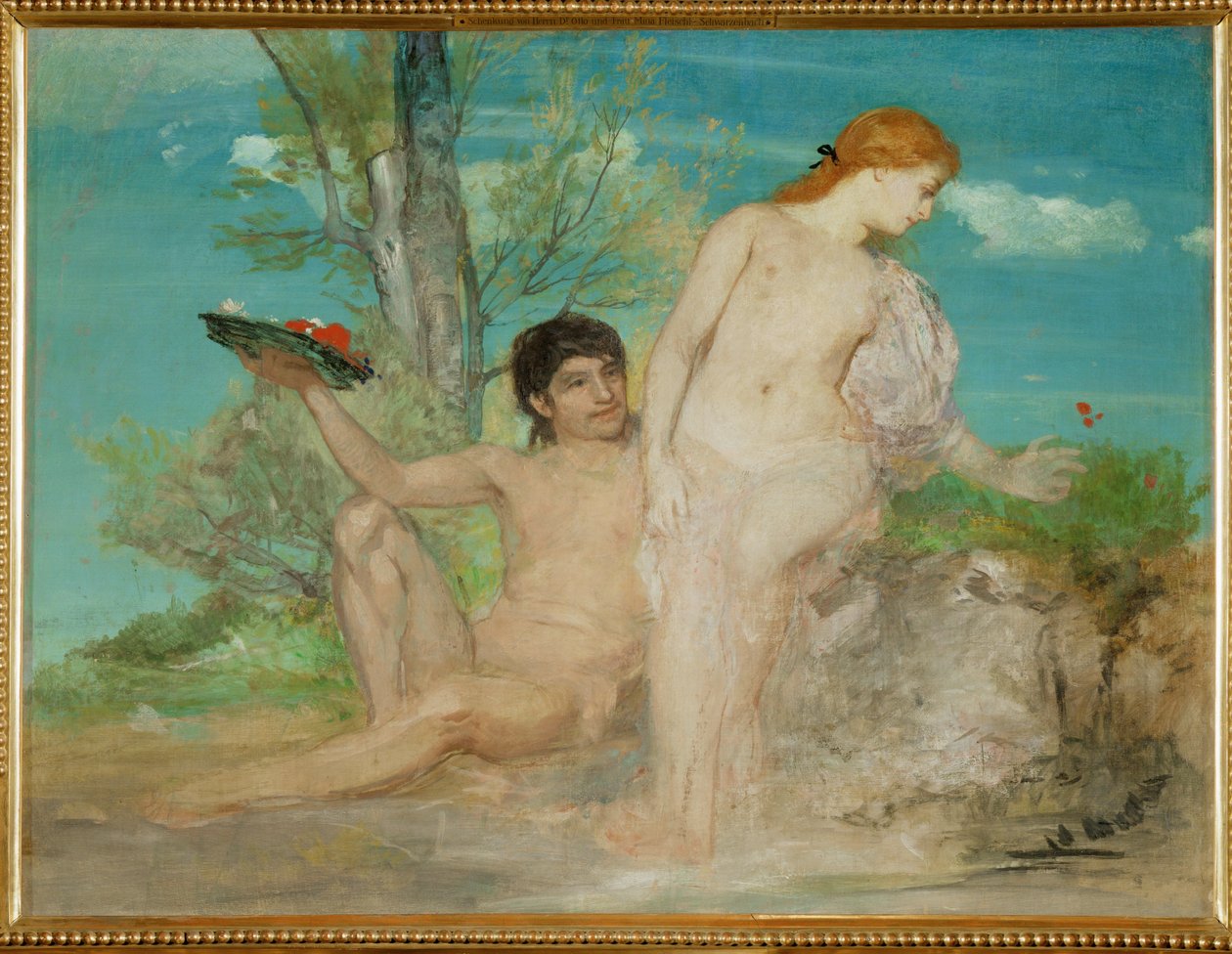 Paar vor einer Baumgruppe - Par foran en gruppe træer ... (maleri på lærred) af Arnold Böcklin