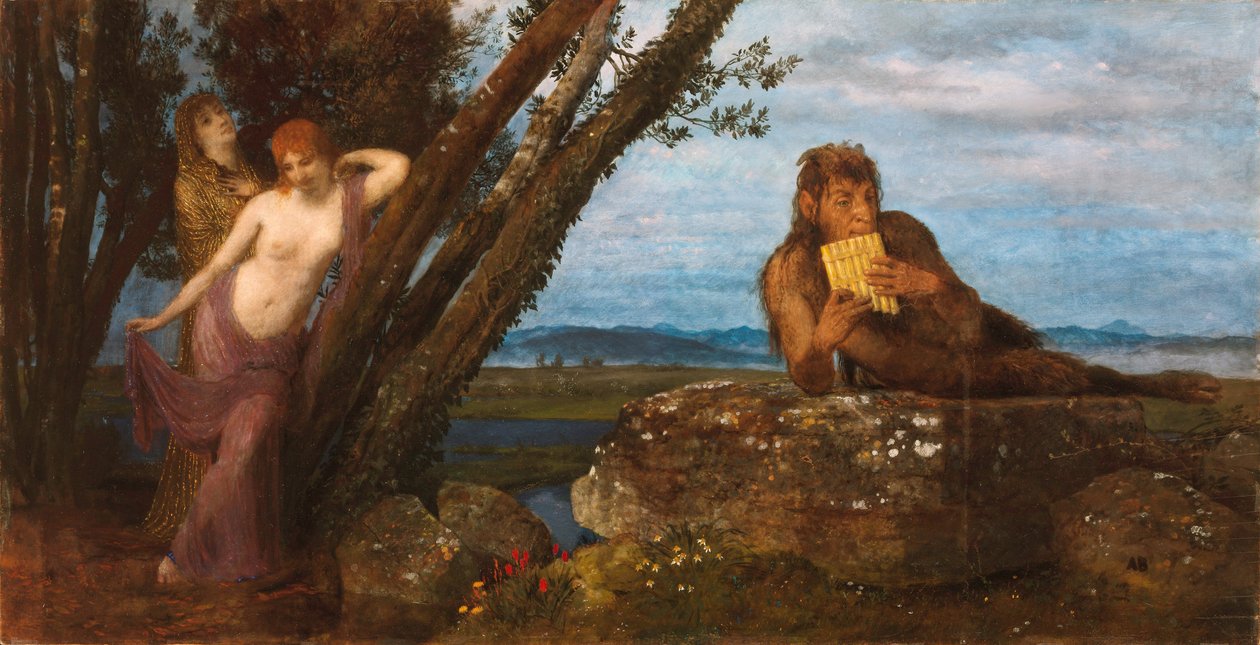 ""Soiree de Printemps"" (Forårsaften) Pan spiller på sin fløjte, liggende på en klippe, mens to nereider læner sig liderligt mod stammer - Maleri af Arnold Bocklin (1827-1901) 1879 Szepmuveszeti Muzeum, Budapest af Arnold Böcklin