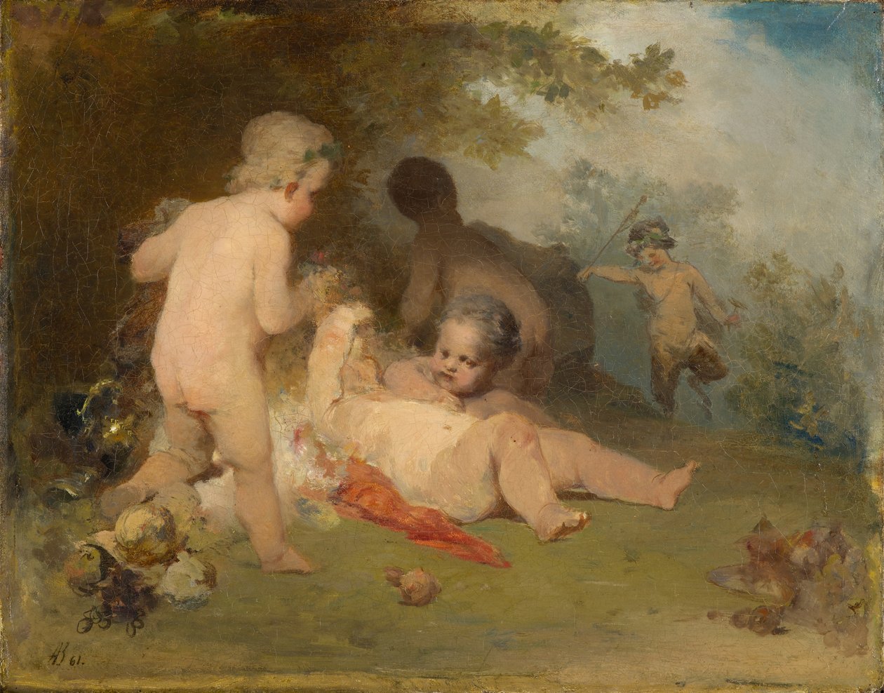 Putti og en ung satyr i en skovklædning af Arnold Böcklin