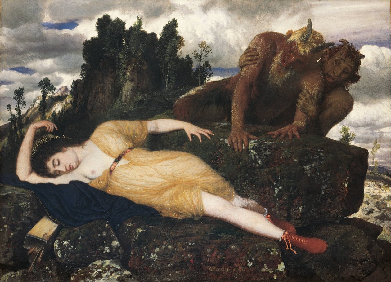 Sovende Diana set af to fauner, 1877 af Arnold Böcklin