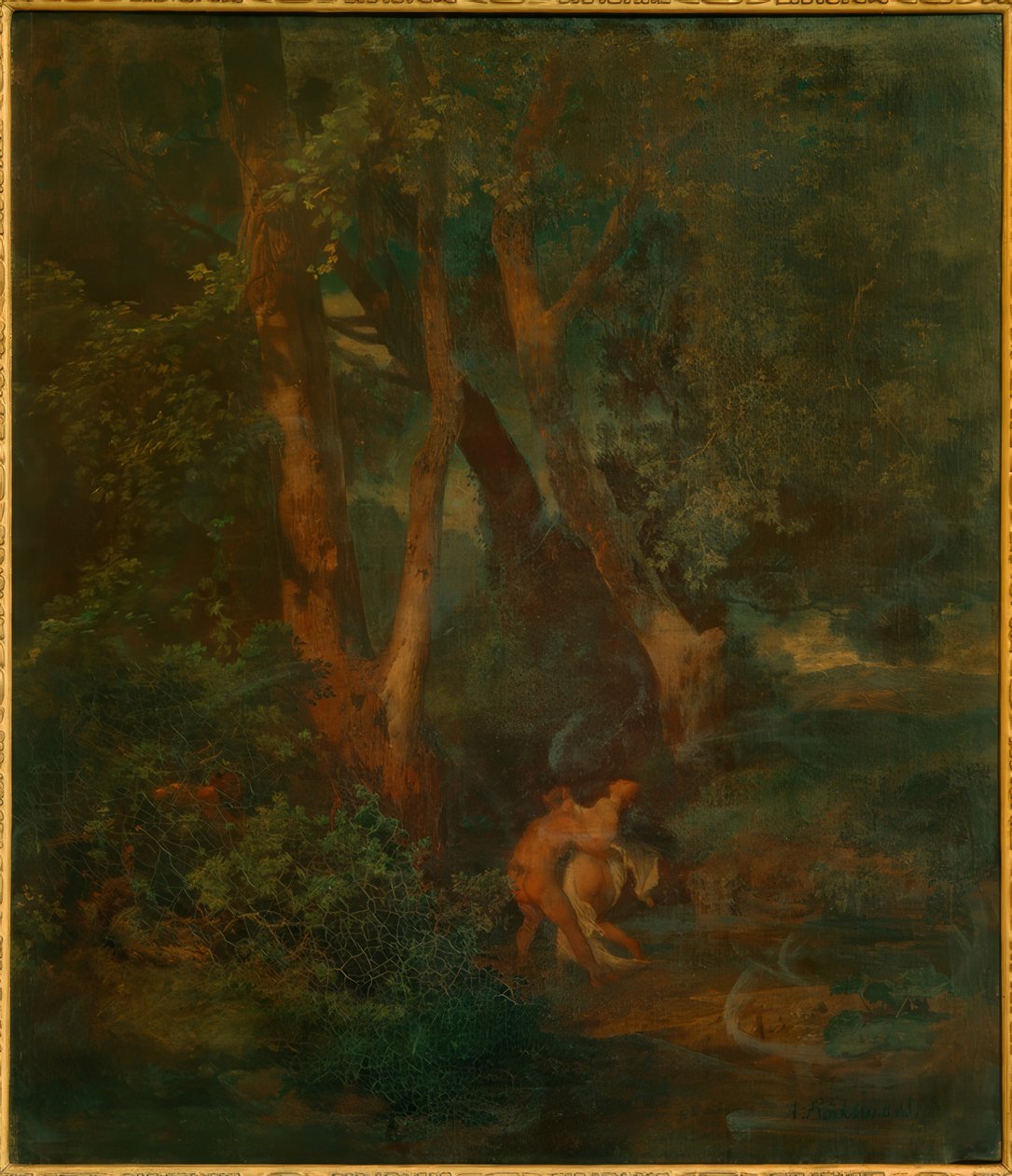 Udkant af skoven med faun og nymfe (eller faun, en der kæmper af Arnold Böcklin
