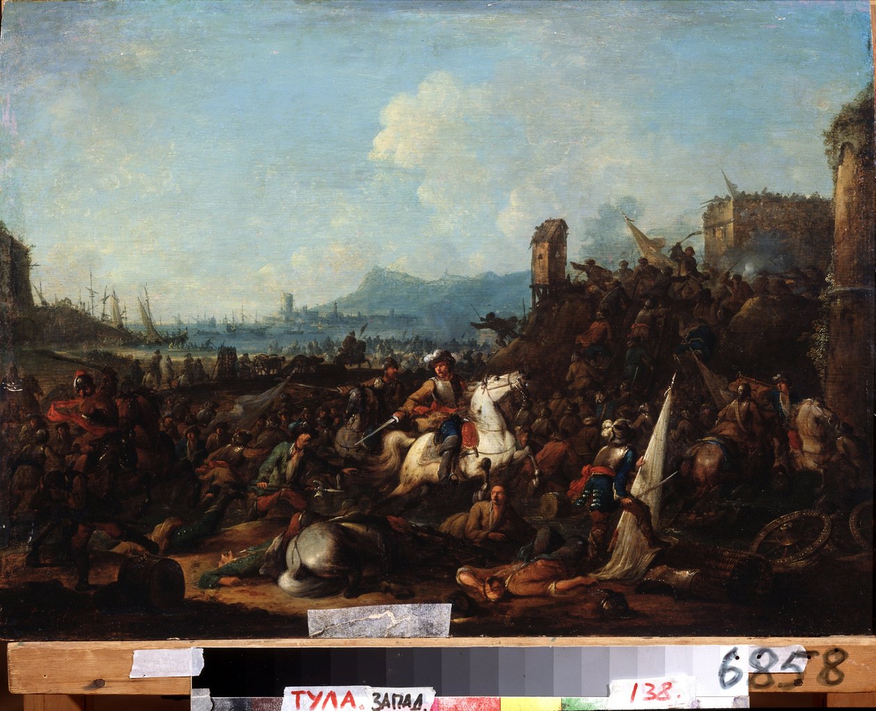 Belejringen af ​​La Rochelle, oktober 1628 (Belejringen af ​​La Rochelle i oktober 1628). Maleri af Arnold Frans Rubens (1687-1719). Olie på træ, 39,5 x 57 cm. flamsk kunst, barokstil. Statens kunstmuseum, Tula (eller Tolan). af Arnold Frans Rubens