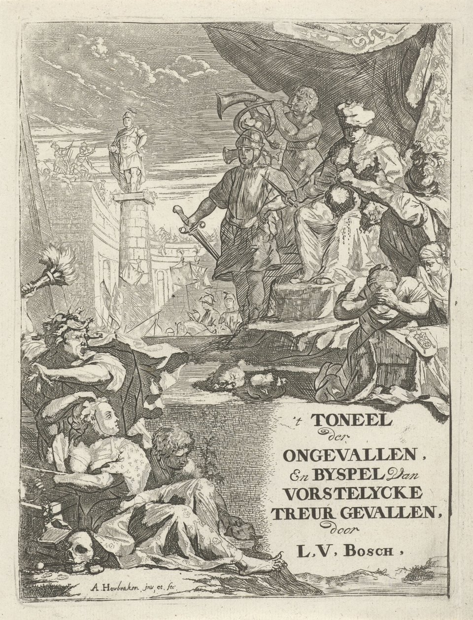 Afhuggede hoveder for en monark på en trone Titelside for: L. van den Bos, Ulykkesteatret og sidespil af vorstelycke sorg, 1699 af Arnold Houbraken