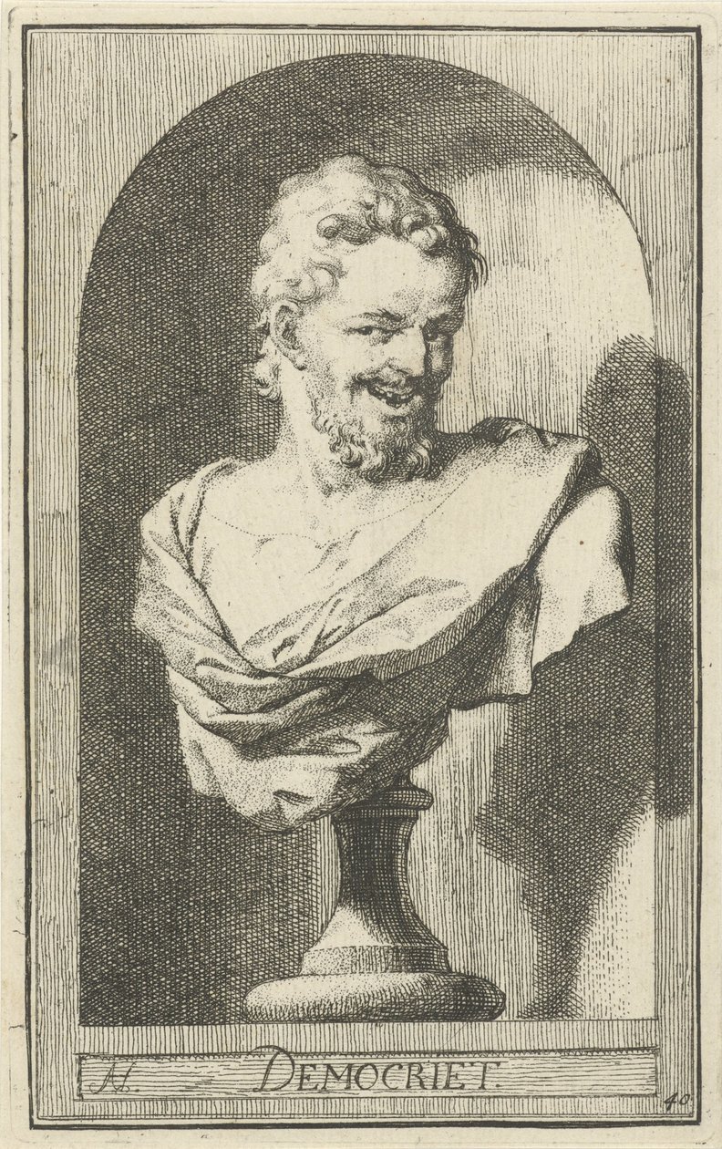 Buste af Demokrit Demokrat (titel på objekt) Enogfyrre stykker, flere Sinne-statuer (serietitel) af Arnold Houbraken