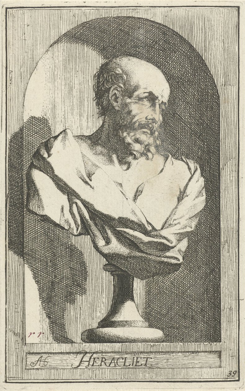 Buste af Heraklit Heraklit (titel på objekt) Enogfyrre stykker, flere Sinne-statuer (serietitel) af Arnold Houbraken