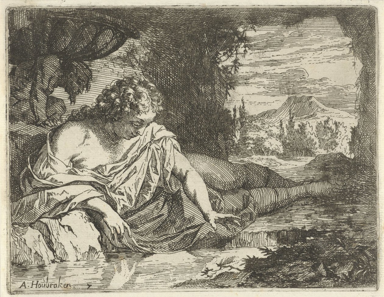 Narcissus Scene med syndestatuer åbnet til tjeneste for malere, statueholdere osv. (serietitel) af Arnold Houbraken