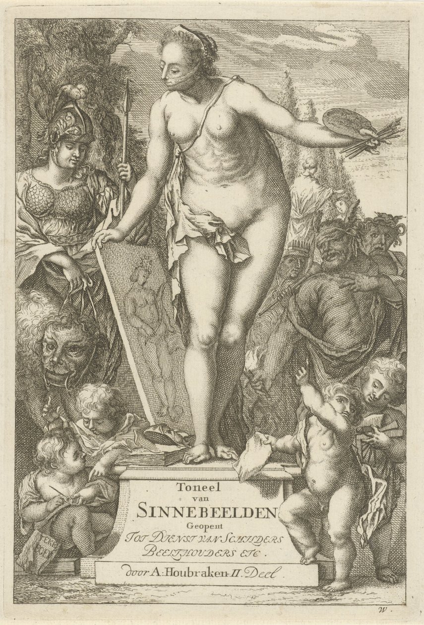Personificering af maleri på en piedestal Titeltryk af: Toneel van sinnebeelden, anden del Scene med syndestatuer åbnet til tjeneste for malere, billedholdere osv. (serietitel på objekt) af Arnold Houbraken