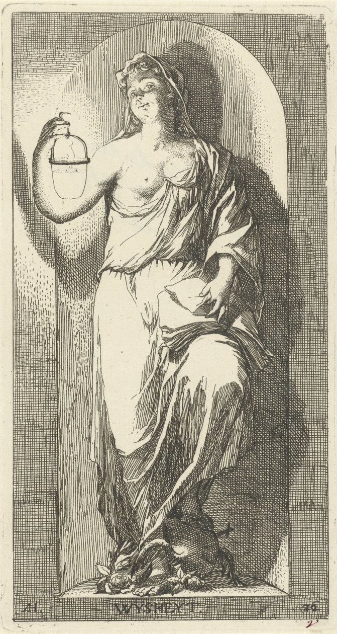 Personificering af visdom Wysheyt (titel på objekt) Enogfyrre stykker, flere Sinne-statuer (serietitel) af Arnold Houbraken