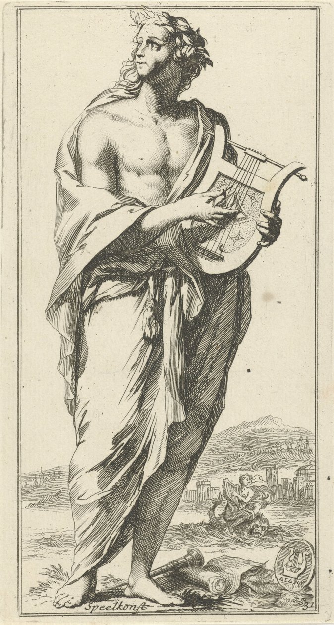 Musik personificering Play art (titel på objekt) Enogfyrre stykker, flere Sinne-statuer (serietitel) af Arnold Houbraken