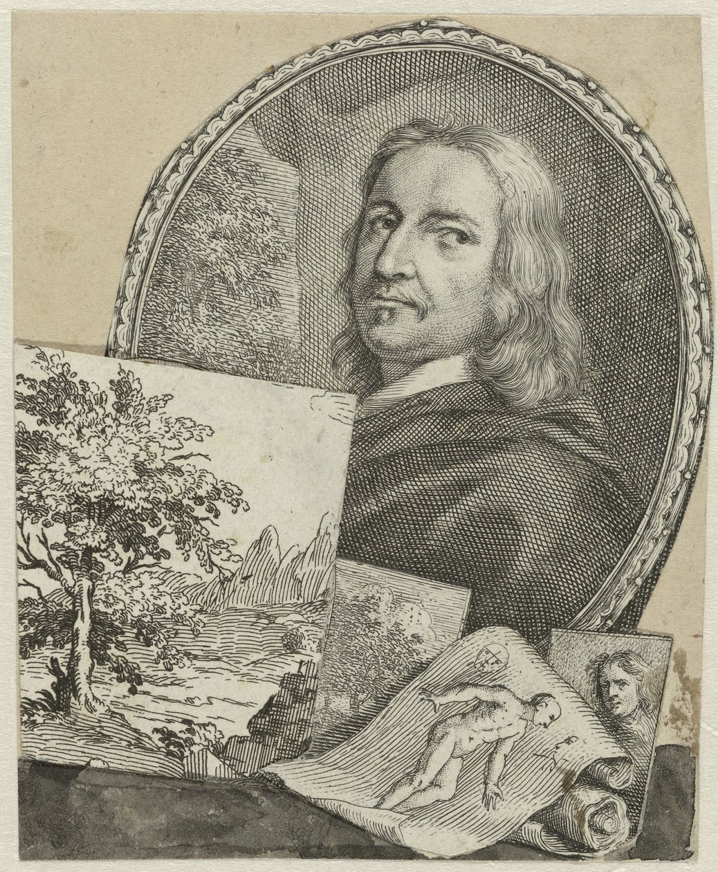 Portræt af Philippe de Champaigne i collage af Arnold Houbraken
