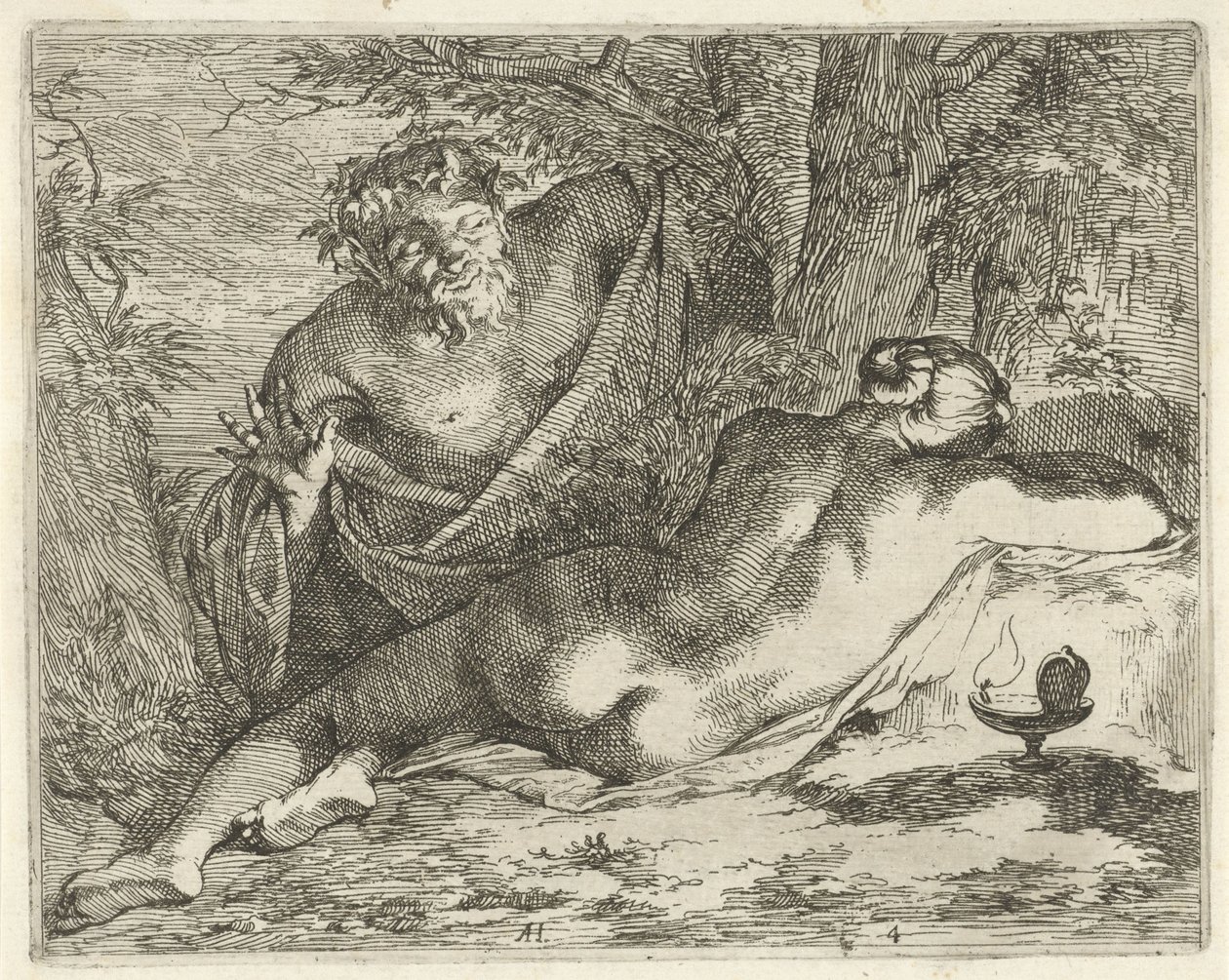 Sovende nymfe spioneret af en satyr Syndebilleders teater åbnet til tjeneste for malere, billedholdere osv. (serietitel) af Arnold Houbraken