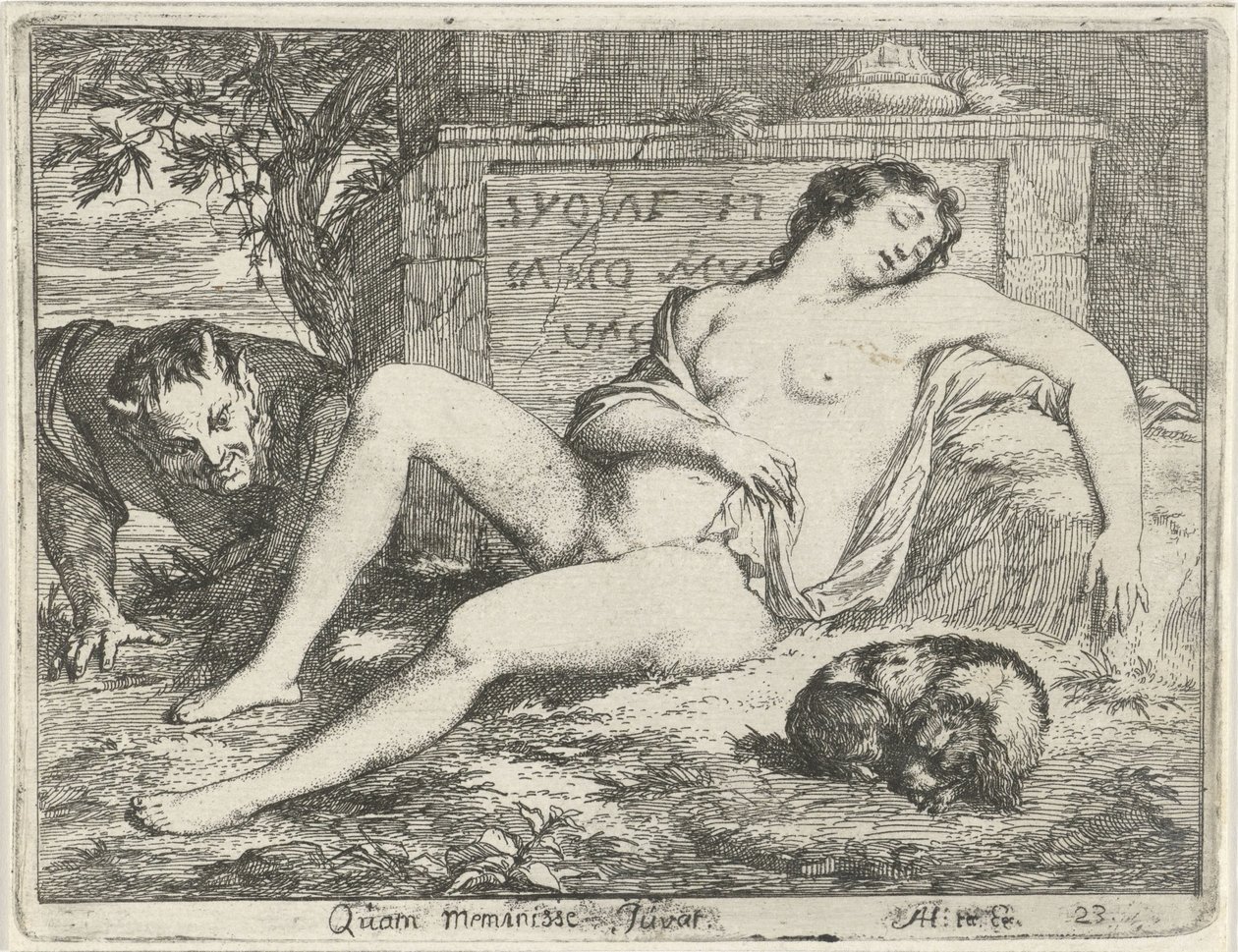 Sovende nymfe med en hund spioneret af en satyr Quam meminisse Juvat (titel på objekt) Scene med syndestatuer åbnet til tjeneste for malere, statueholdere osv. (serietitel) af Arnold Houbraken