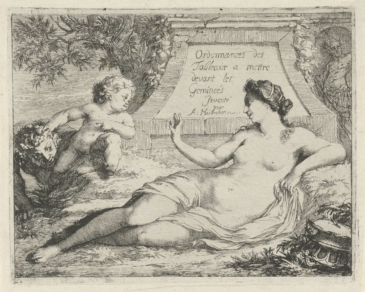 Venus spioneret af en satyr Ordonnances des tableaux a mettre devant les Gemineés (titel på objekt) Scene med syndestatuer åbnet til tjeneste for malere, statueholdere osv. (serietitel) af Arnold Houbraken