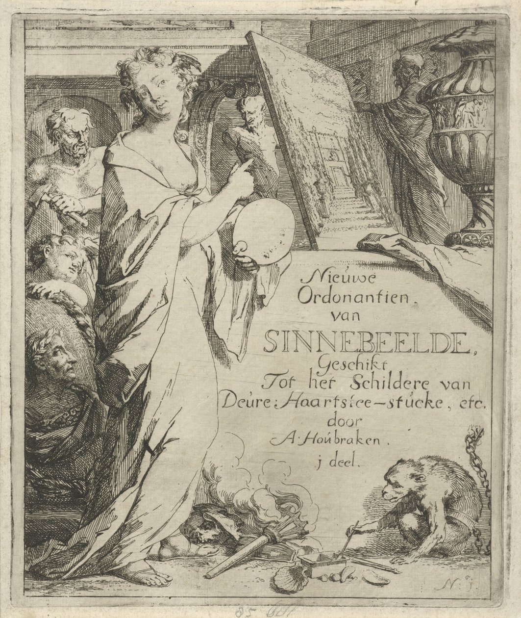 Kvindefigur med palet, der peger på et maleri Titeltryk af: Toneel van Sinnebeelden, tredje del Ny Ordonantien van Sinnebeelde, Velegnet til maleri af Deure Haartslee-stucke, etc. (titel på objekt) Scene med syndebilleder åbnede for at dø af Arnold Houbraken