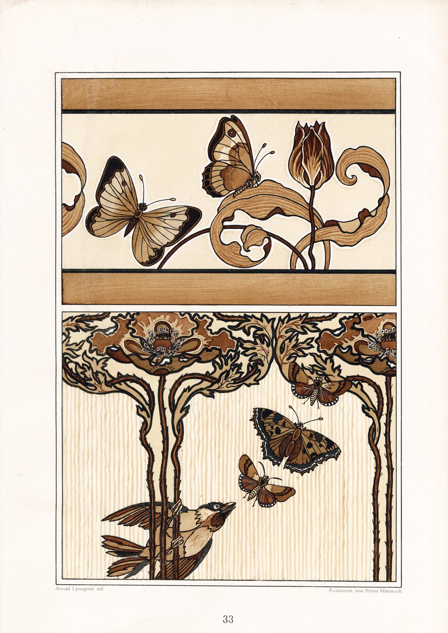 Blomsterdekorationsbånd med sommerfugle og tulipaner (litografi) af Arnold Lyongrün