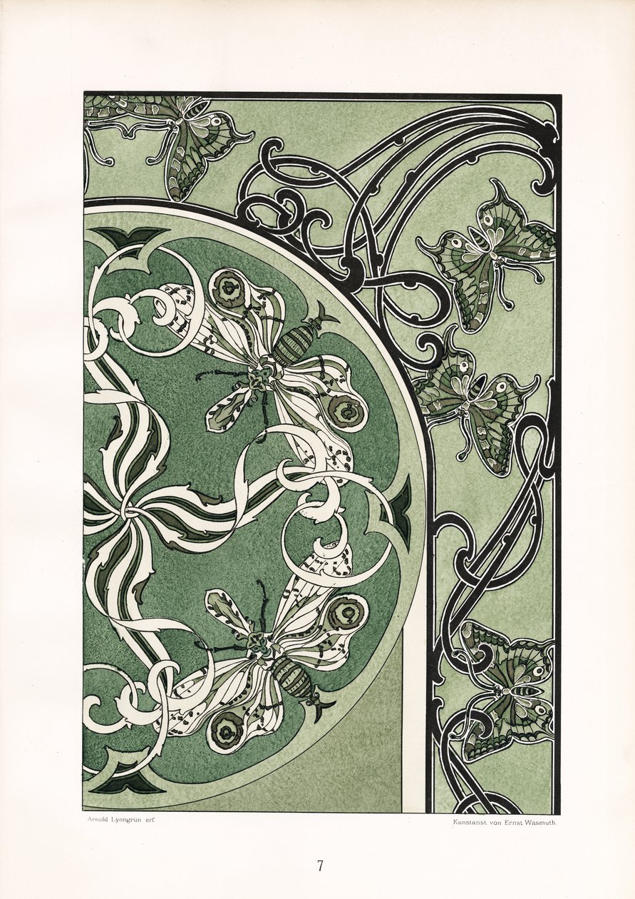 Insektmotiver i grøn ornamental komposition (litografi) af Arnold Lyongrün