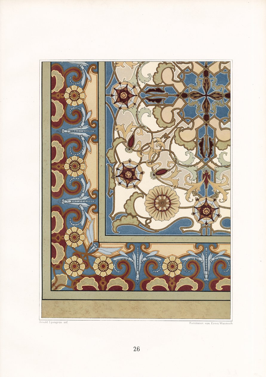 Flerfarvet tæppemønster med stiliserede blomster (litografi) af Arnold Lyongrün