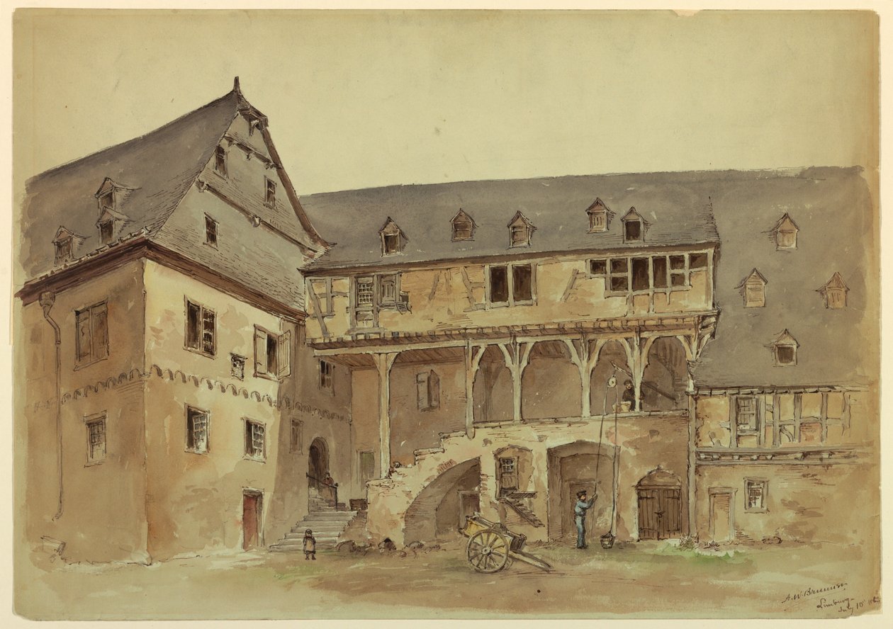 Tegning, gårdsplads på en middelalderlig herregård, ca. 1889 af Arnold William Brunner