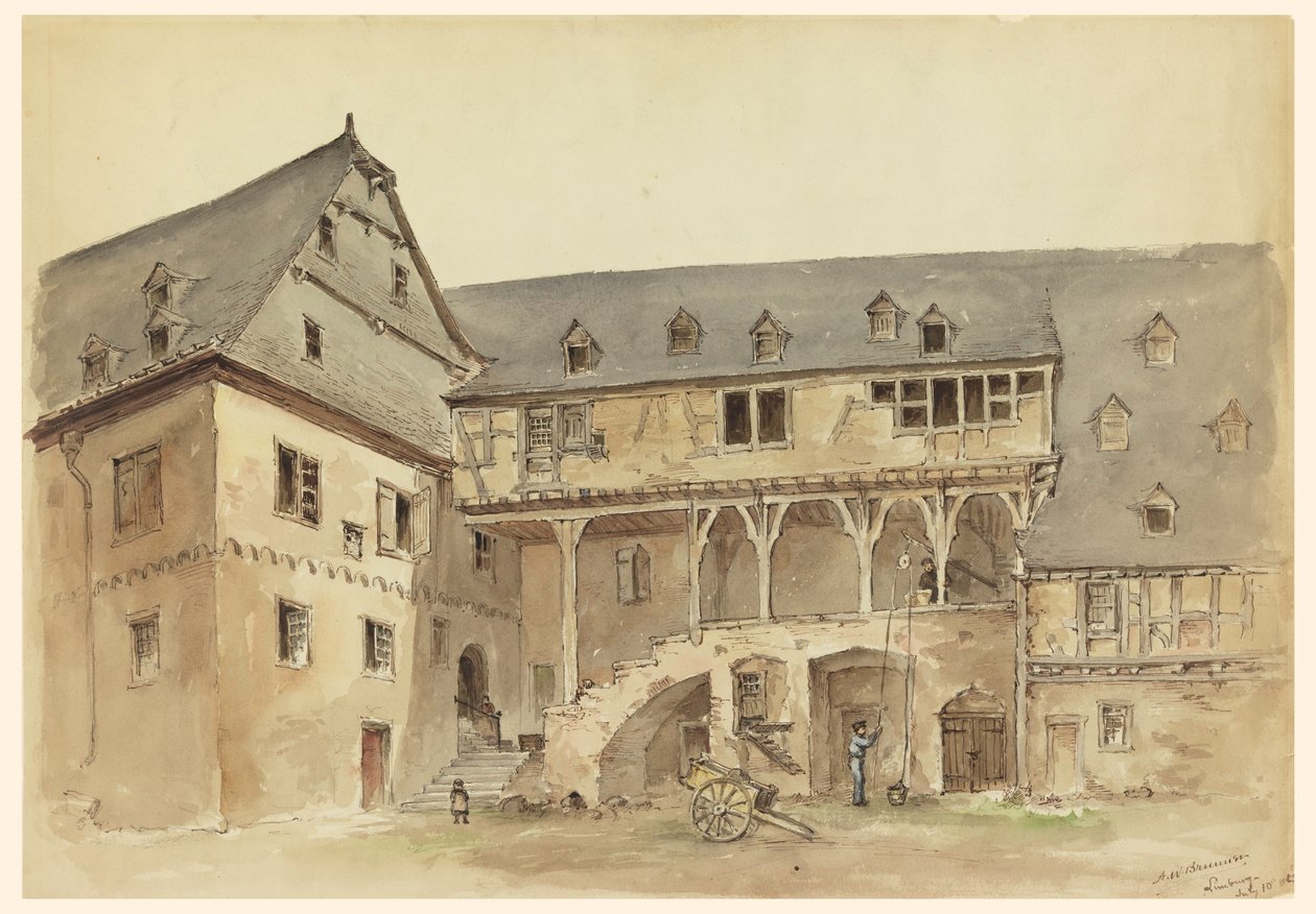 Tegning, gårdsplads på en middelalderlig herregård, ca. 1889 af Arnold William Brunner