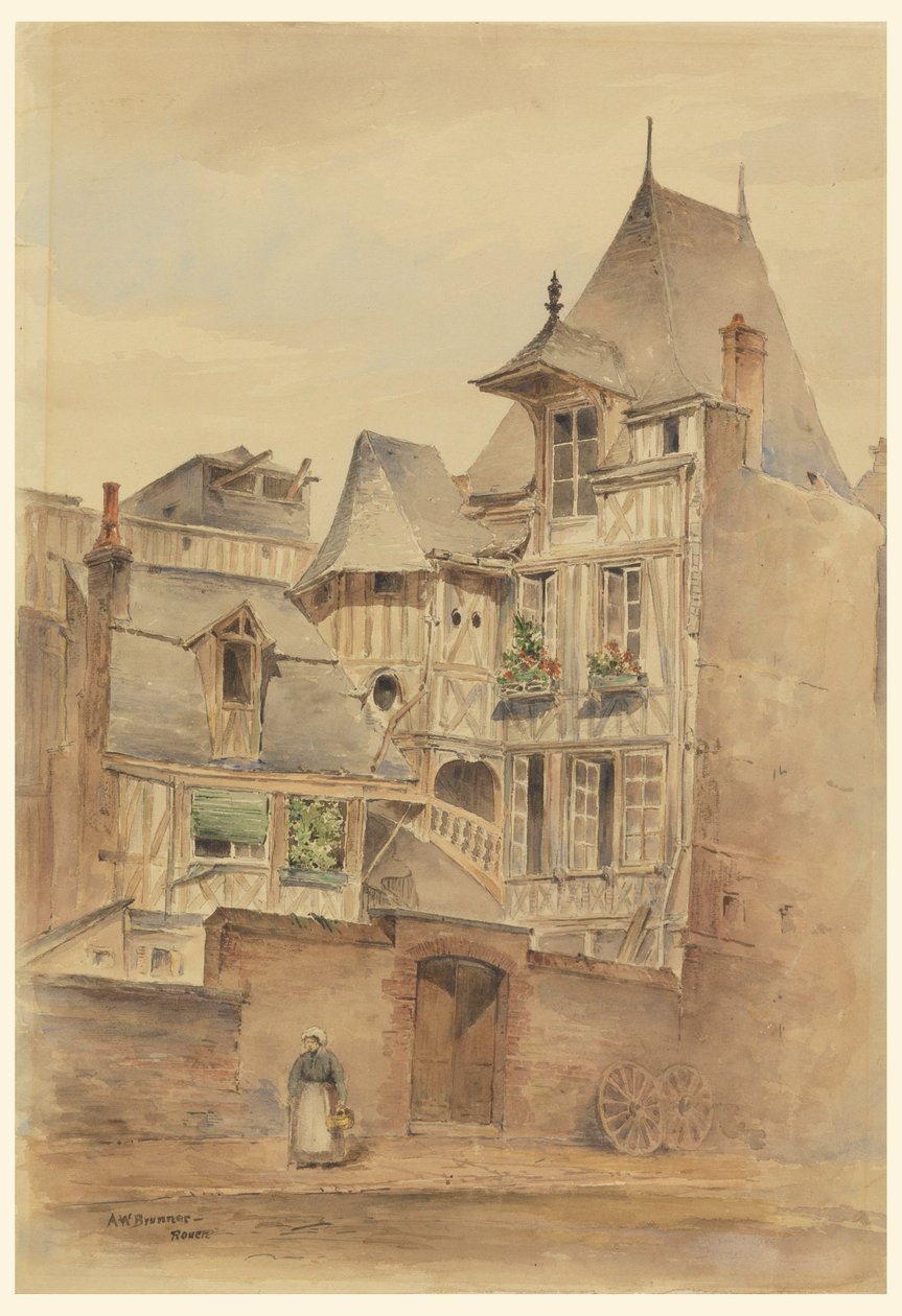 Tegning, Gadescene med middelalderhuse, ca. 1885 af Arnold William Brunner