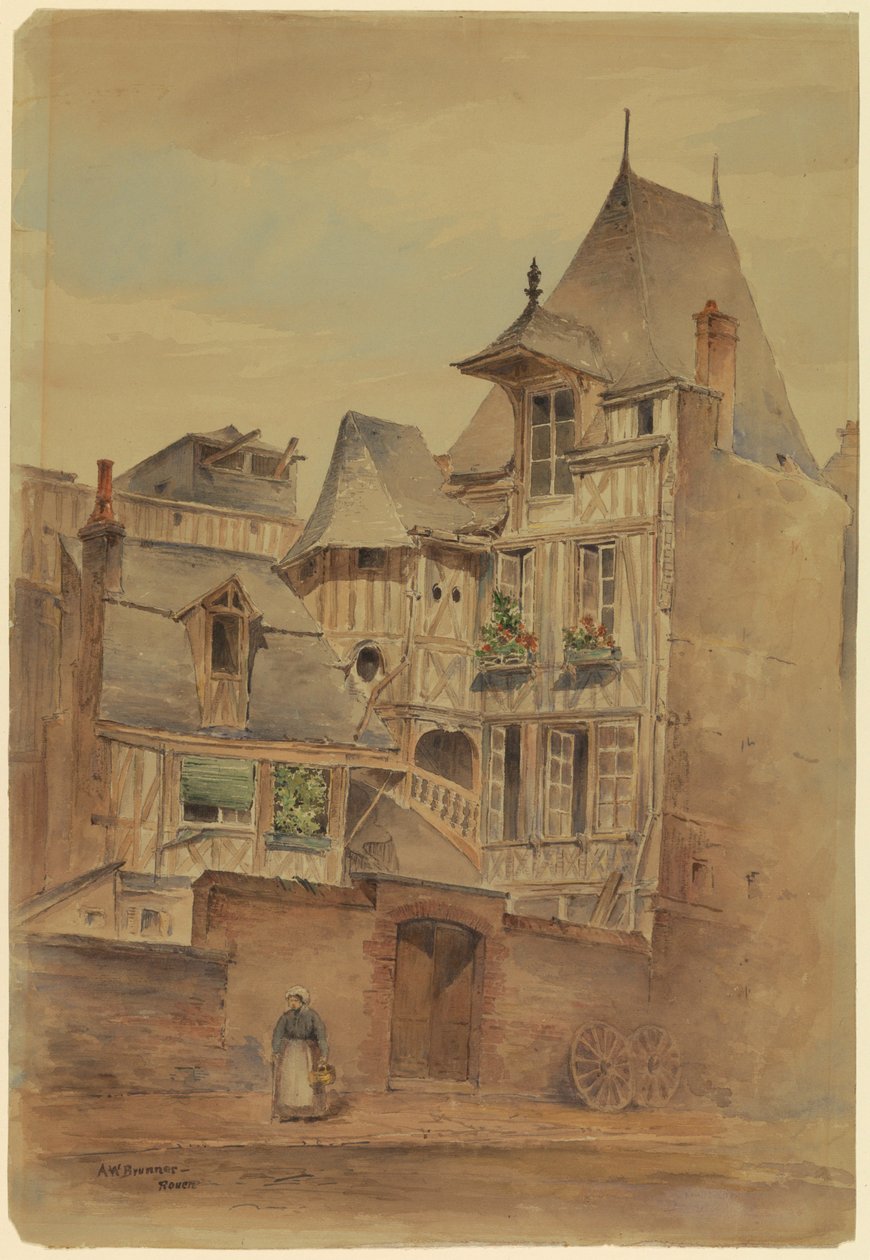 Tegning, Gadescene med middelalderhuse, ca. 1885 af Arnold William Brunner