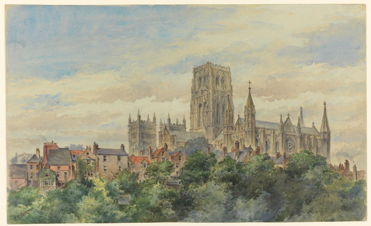 Tegning, udsigt over Durham Cathedral, 1883 af Arnold William Brunner