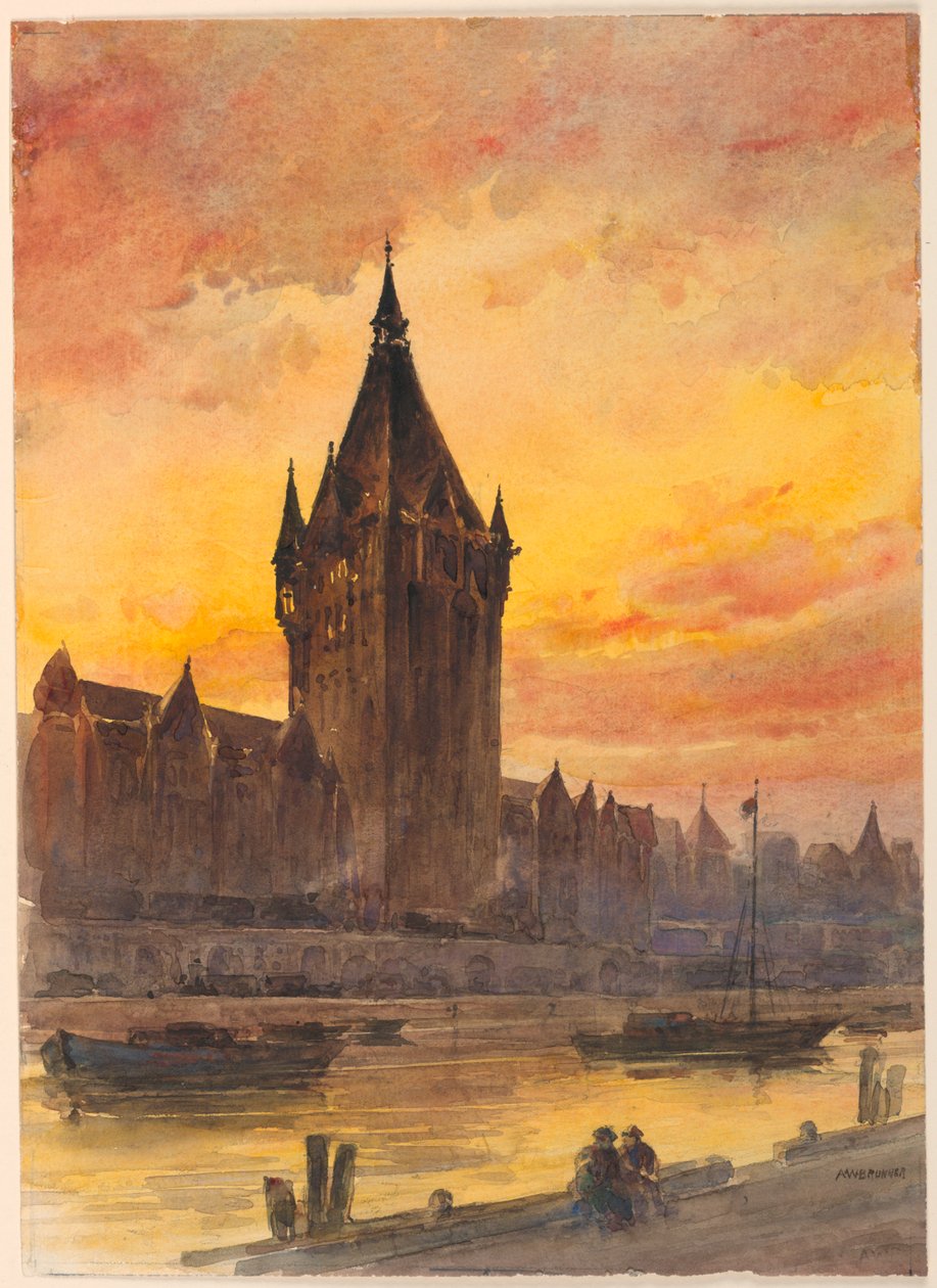 Solnedgang over tårnet og floden af Arnold William Brunner