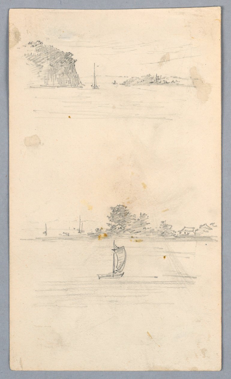 To skitser af sejlbåde, der sejler af Arnold William Brunner