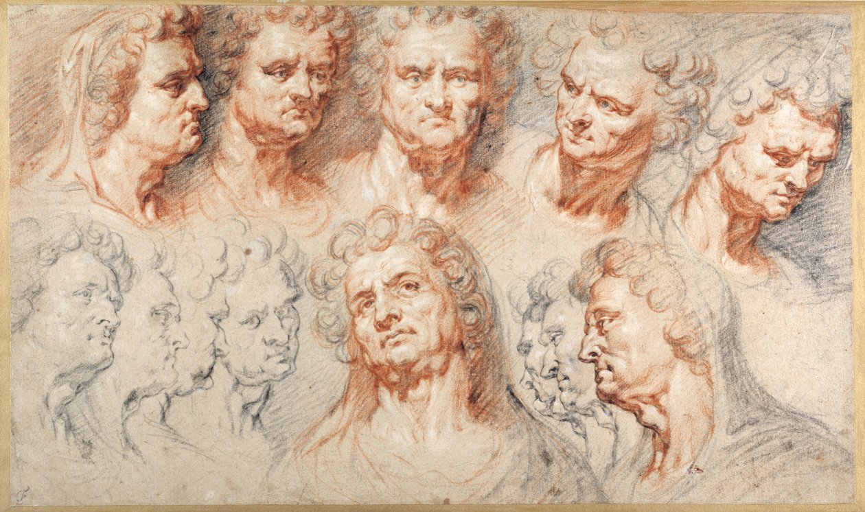 Tretten undersøgelser baseret på et romersk kejserligt hoved (sort og rød kridt med brunt blæk på hvidt papir) af Arnold or Artus the Elder Quellin I