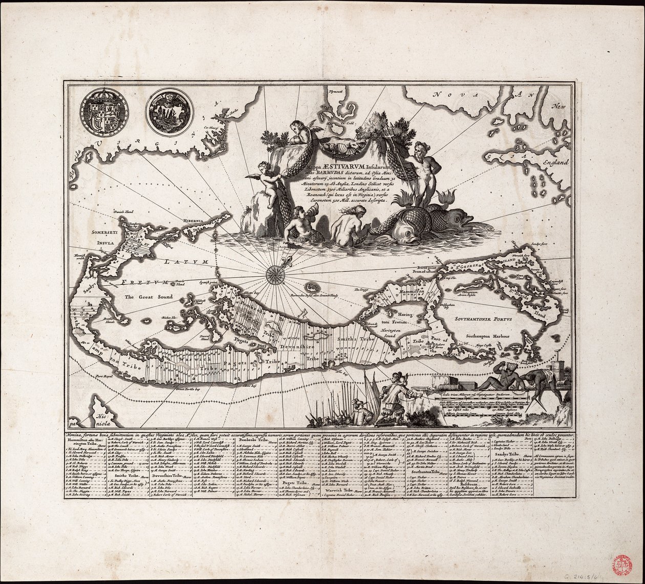 Mappa Aestivarum Insularum, alias Barmudas dictarum. Enkelt ark, gravering. af Arnoldus Montanus