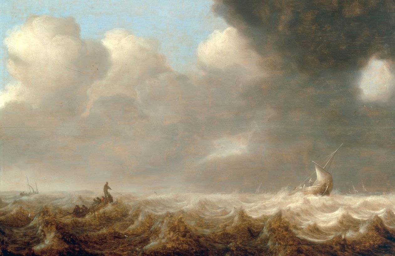 Fiskerbåde på et oprørt hav af Arnoldus van Anthonissen