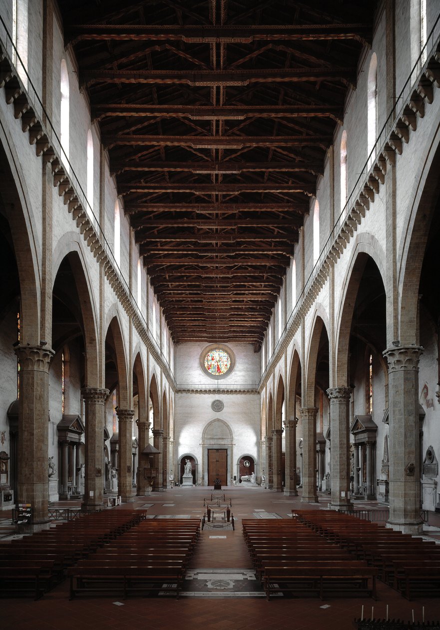 Renæssance: indvendigt billede af Basilica Santa Croce projekteret af Arnolfo di Cambio (1245-1302 / 1310) (Indvendigt billede af Basilica santa croce) 1294 Basilica Santa Croce, Firenze, Italien af Arnolfo di Cambio