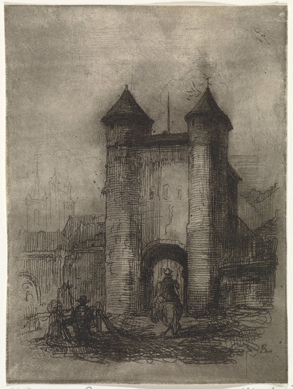 Udsigt over Helpoort i Maastricht, set fra marksiden Porte du Jaer (titel på objekt) af Arnoud Schaepkens